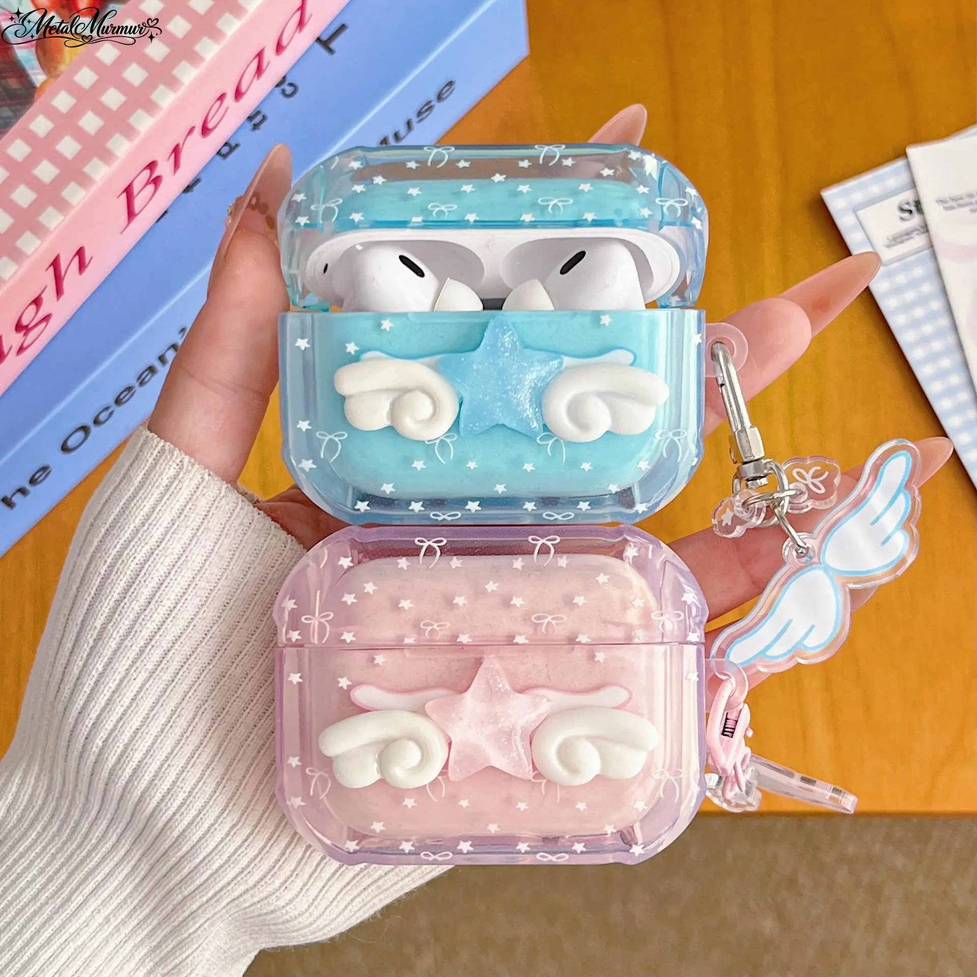 Icy Transparent Blue Star Wing AirPods Case, Cute Bow Print Clear Earphone Cover with Wing Keychain Compatible with AirPods 4 & AirPods Pro 3