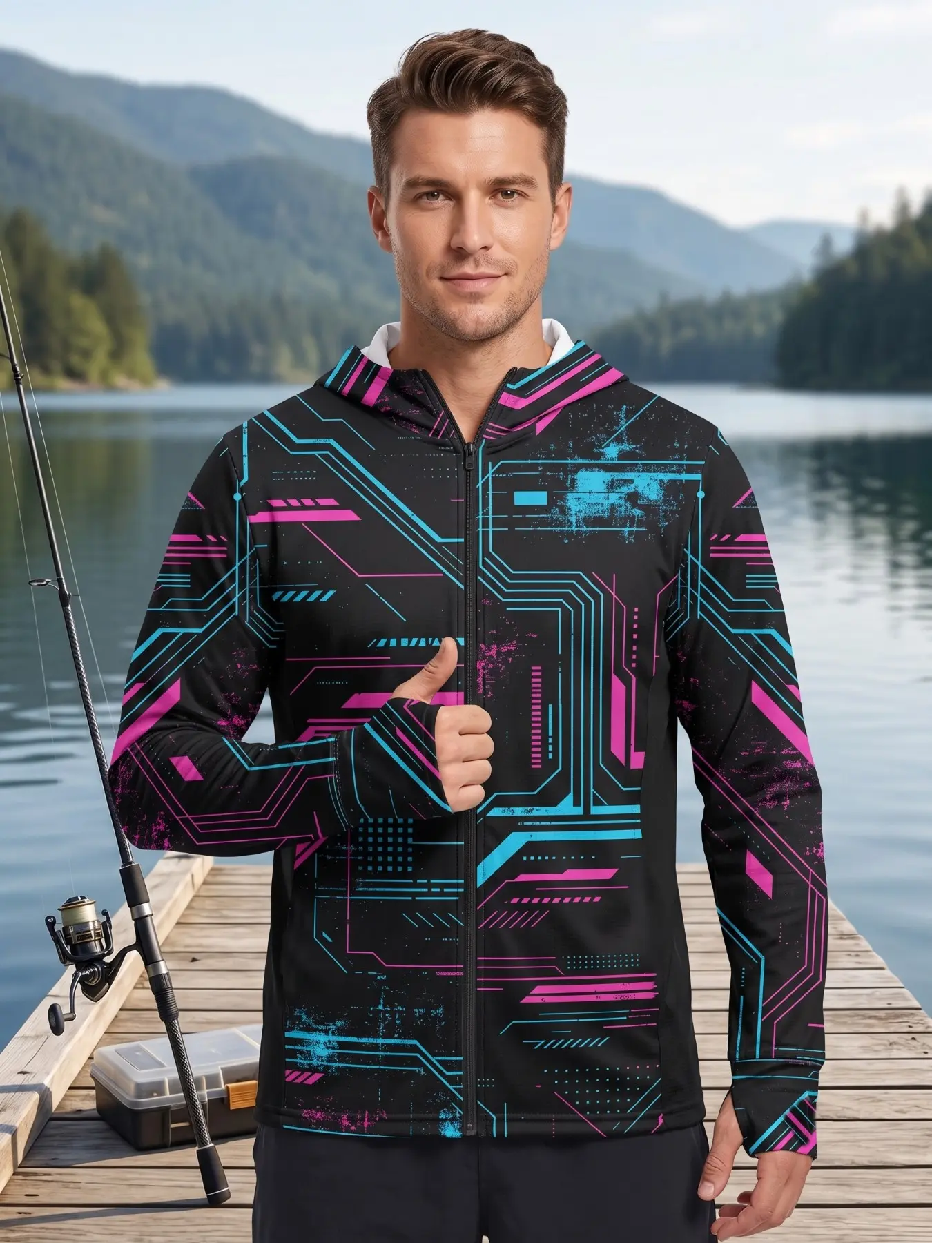 2026 Sun Protection Full Zip Fishing Hoodie, Long Sleeve, Breathable Honeycomb Mesh Fabric, Neon Blue-Magenta, Multi-Purpose Jacket