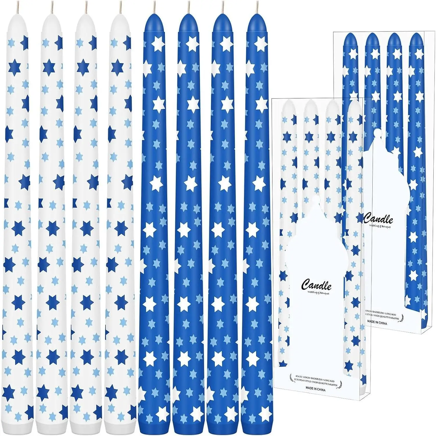 8 Pcs Hanukkah Taper Candles, 10 Inch White Blue Patterned - Simple Design