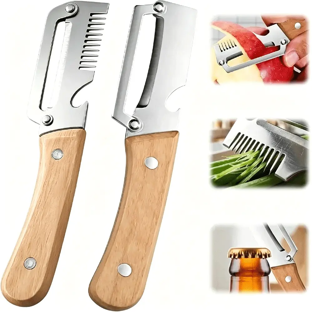 Premium  3-in-1 stainless steel kitchen peeler makes chopping vegetables easy and convenient. It combines peeling, shredding, chopping, and bottle opening functions, making it ideal for preparing cold dishes and slicing various fruits and vegetables.