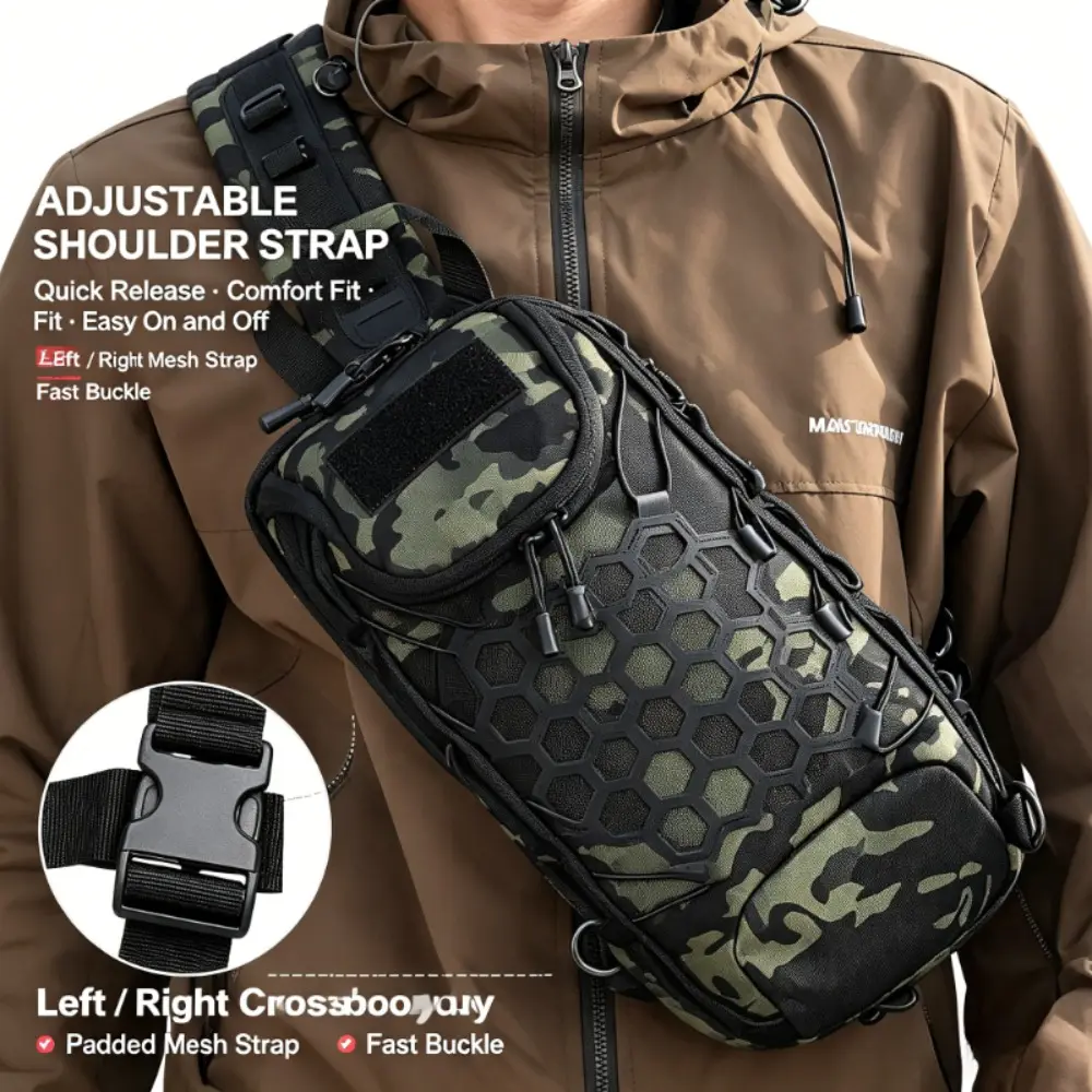 Dark Night Camouflage Double-Sided Tactical Chest Bag, Interchangeable for Left and Right Shoulder, 3D Breathable Outdoor Fishing Crossbody Bag