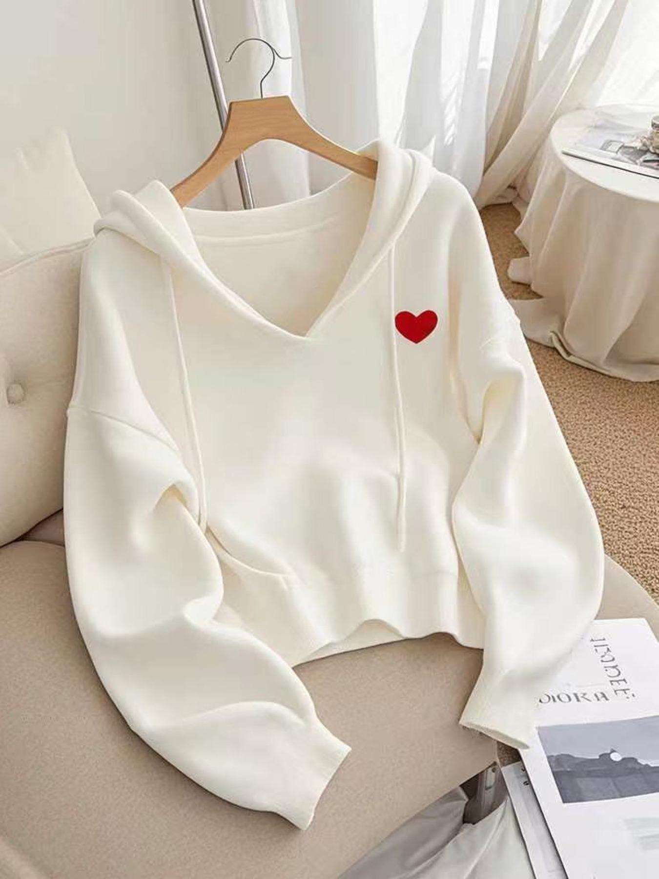 Women's Casual Knit Pullover Sweater, V Neck Hooded Sweatshirt, Loose Fit, Heart Embroidery, Fall & Winter Fashion, Knitted Pullover