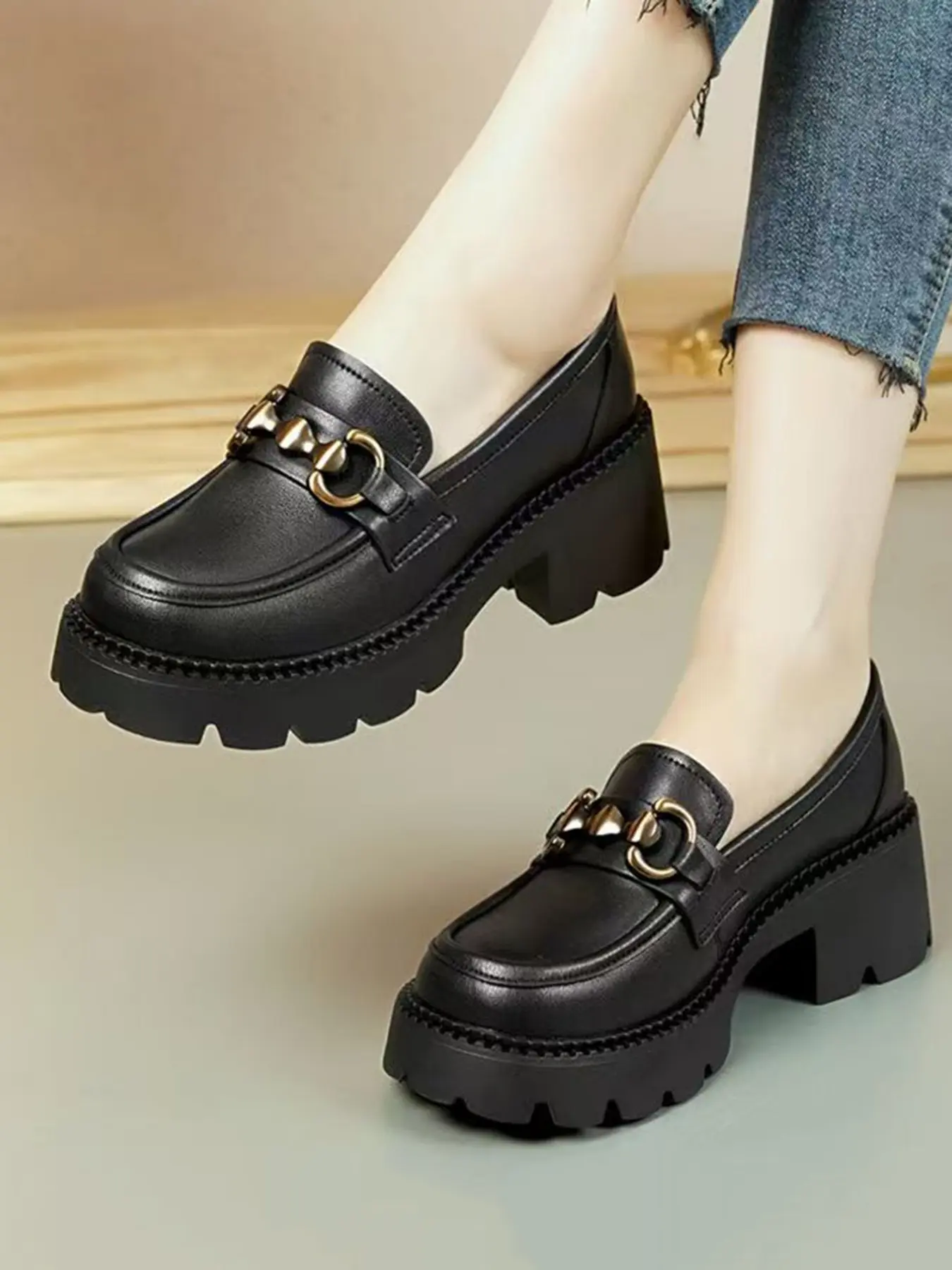 Women's New Vintage Loafers, Slip On Loafer, Thick Sole Heeled PU Leather Shoes, Metal Buckle, Casual All-Season Footwear, Comfortable Daily Wear