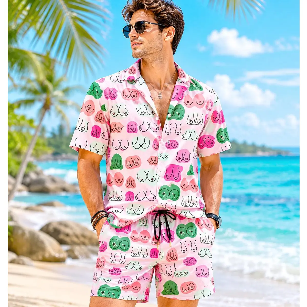 Funny Ladies Chest Hawaiian Shirt for Men, 3D All Over Print Button Up Beach Shirt, Novelty Summer Vacation Outfit