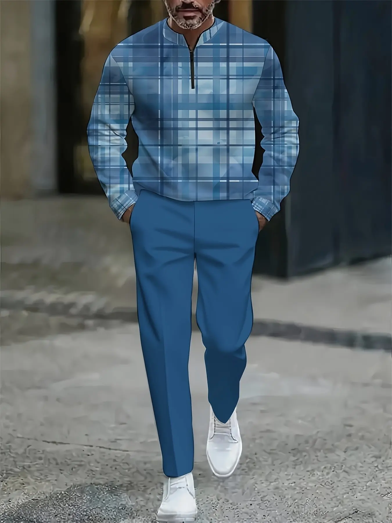 Men's Plaid Zipper Jacket with Colorblock Casual Long Pants, Fashionable Set, Spring & Fall Loose-Fit Graphic Sweatshirt