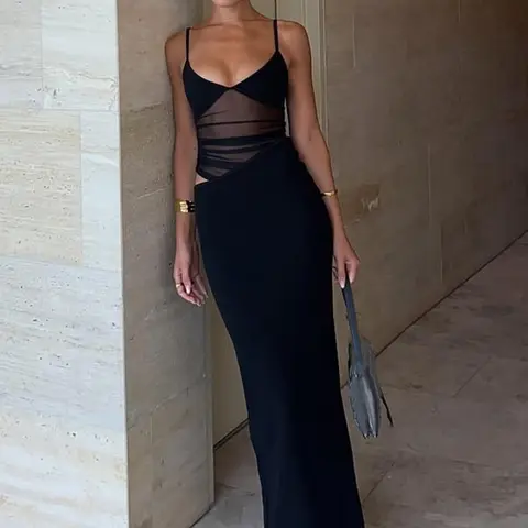 Women's Fashion Plain Cut Out Back Split See Through Sheer Mesh Cocktail Maxi, Solid Color Backless Spaghetti Strap Sleeveless Dress for Party Club Dating Wear, Evening Dresses, Ladies Clothes for All Seasons