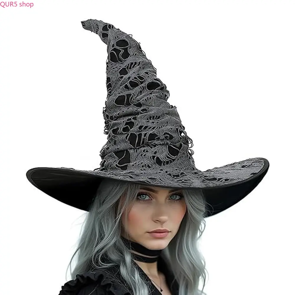 Distressed Hole Pattern Gothic Witch Hat With Wide Brim And Curved Tip, Dark Themed Fabric Head Accessory For Halloween Cosplay, Witch Costume Parties And Spooky Night Events