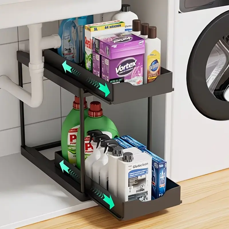 Double Layer Sink Under Shelf, Pull-Out Storage Rack, Kitchen Sink Organizer, Space-Saving Design, Suitable for Sink and Laundry Room, Storage Solutions