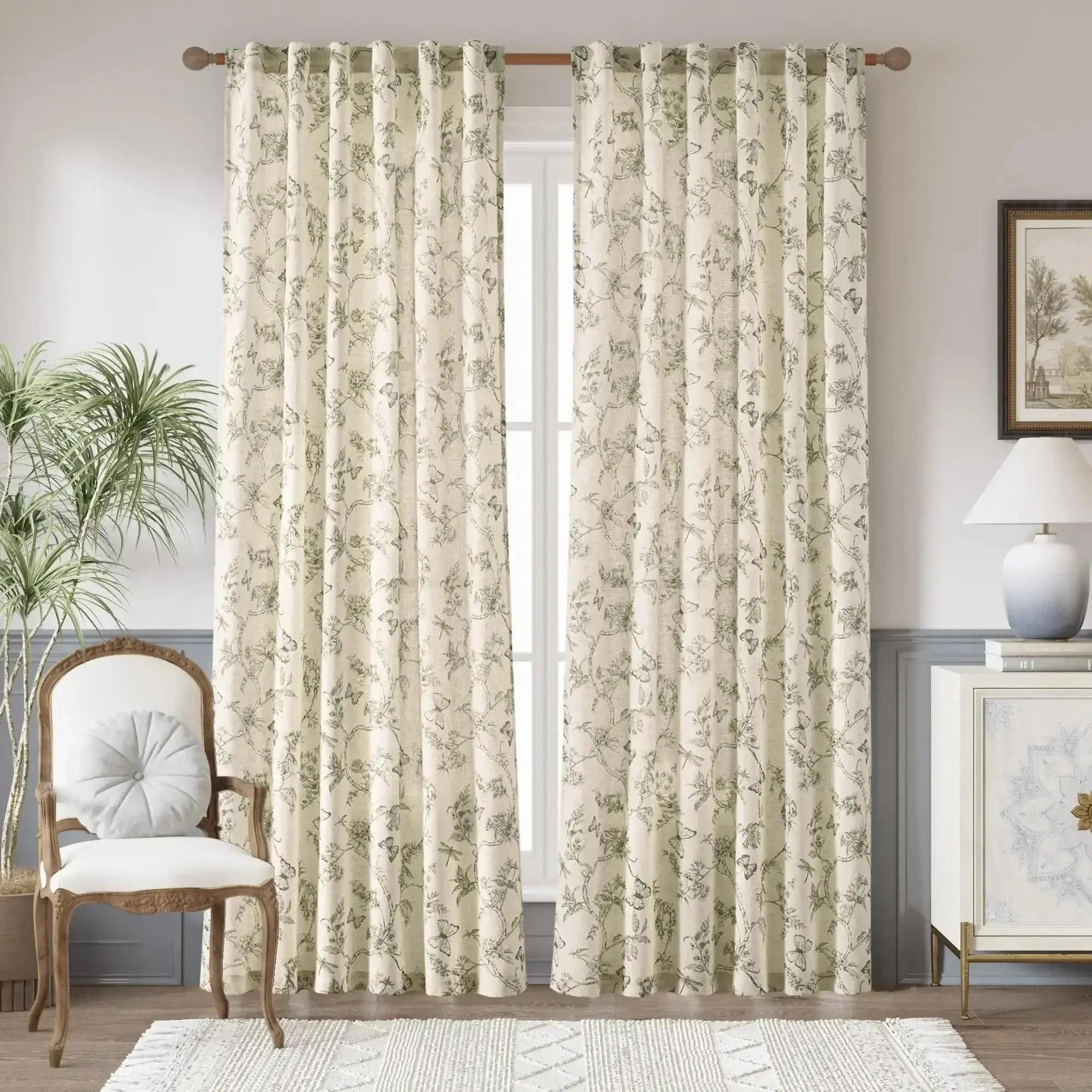 Modern Toile Floral & Insect Pattern Linen Curtains - Lightweight Home Decoration Curtains for Farmhouse Style Home, Modern-Rustic Farmhouse Decor, Home Decoration Curtain, Lightweight Curtains