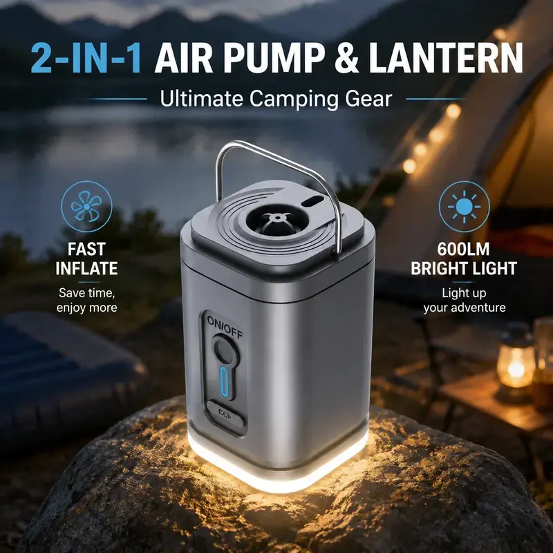 6-in-1 Electric Air Pump with LED Camping Light, 2500mAh Rechargeable Mini Air Pump for Inflating & Deflating Air Mattresses, Pool Floats, Vacuum Storage Bags, Portable Camping Essentials