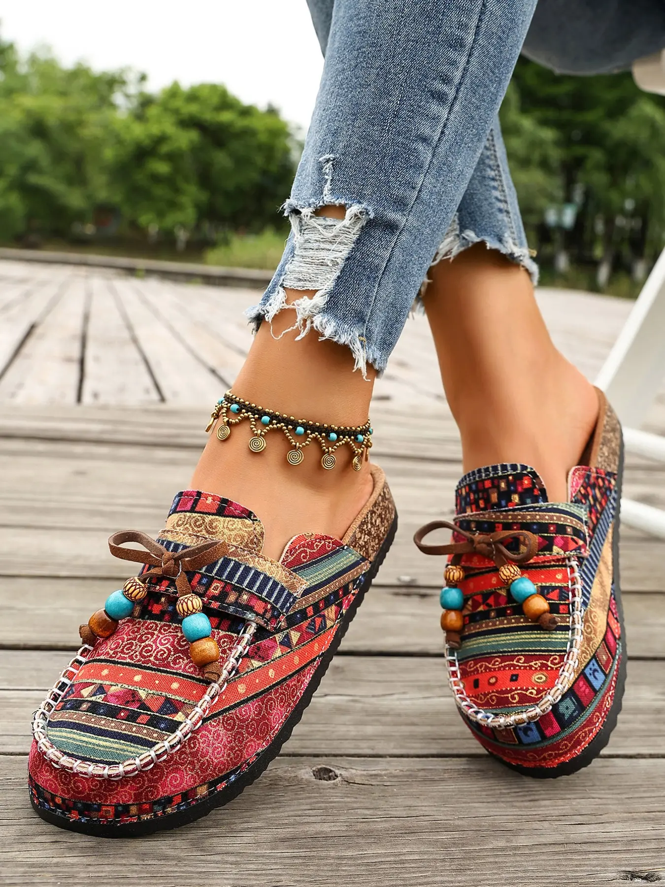 Bohemian Print Mule Slippers, Beaded Bow Decoration, Round Toe Thick Sole, Ethnic Style, No Heel, Women's Shoes, Spring & Fall