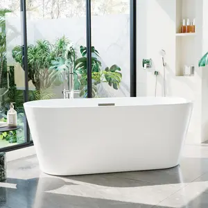 59" Acrylic Freestanding Bathtub, Deep Soaking Tub with Non-Slip Base – Chrome Drain, White or Black-White – 59" or 67"