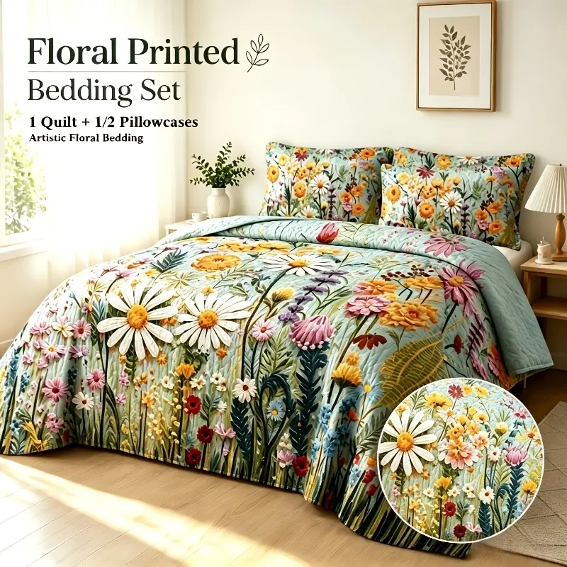 2D Flat Colorful Flowers Plants Quilted Quilt Set, 1 Quilt + 2 Pillowcases, Soft Breathable Hypoallergenic Portable Machine Washable Bedspread Bedding, Twin/Queen/King Size, Christmas Home Decoration
