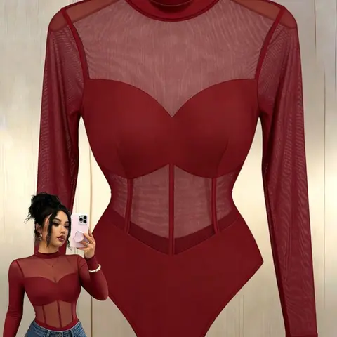Women's Mock-Neck Sheer Mesh-Paneled Long-Sleeve Skinny Bodysuit, Sexy and Elegant Design for Beach Parties and Summer Events