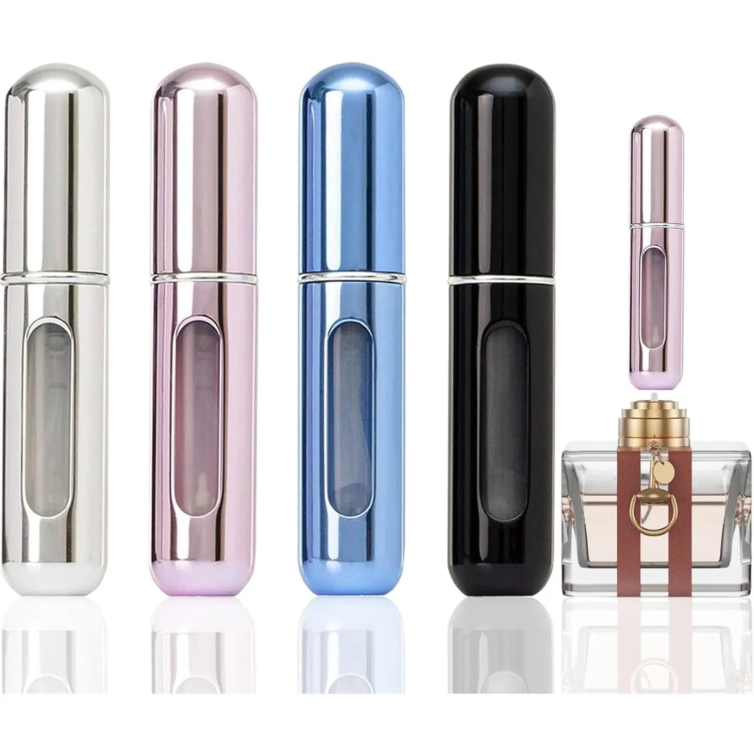 4 Ps Mini Perfume Atomizer Refillable Bottle, 5ml Portable Bottom Fill Sent Dispenser, Leak-Proof ologne Travel Spray Pump for Purse & Luggage (Silver/Pink/Blue/Blak)