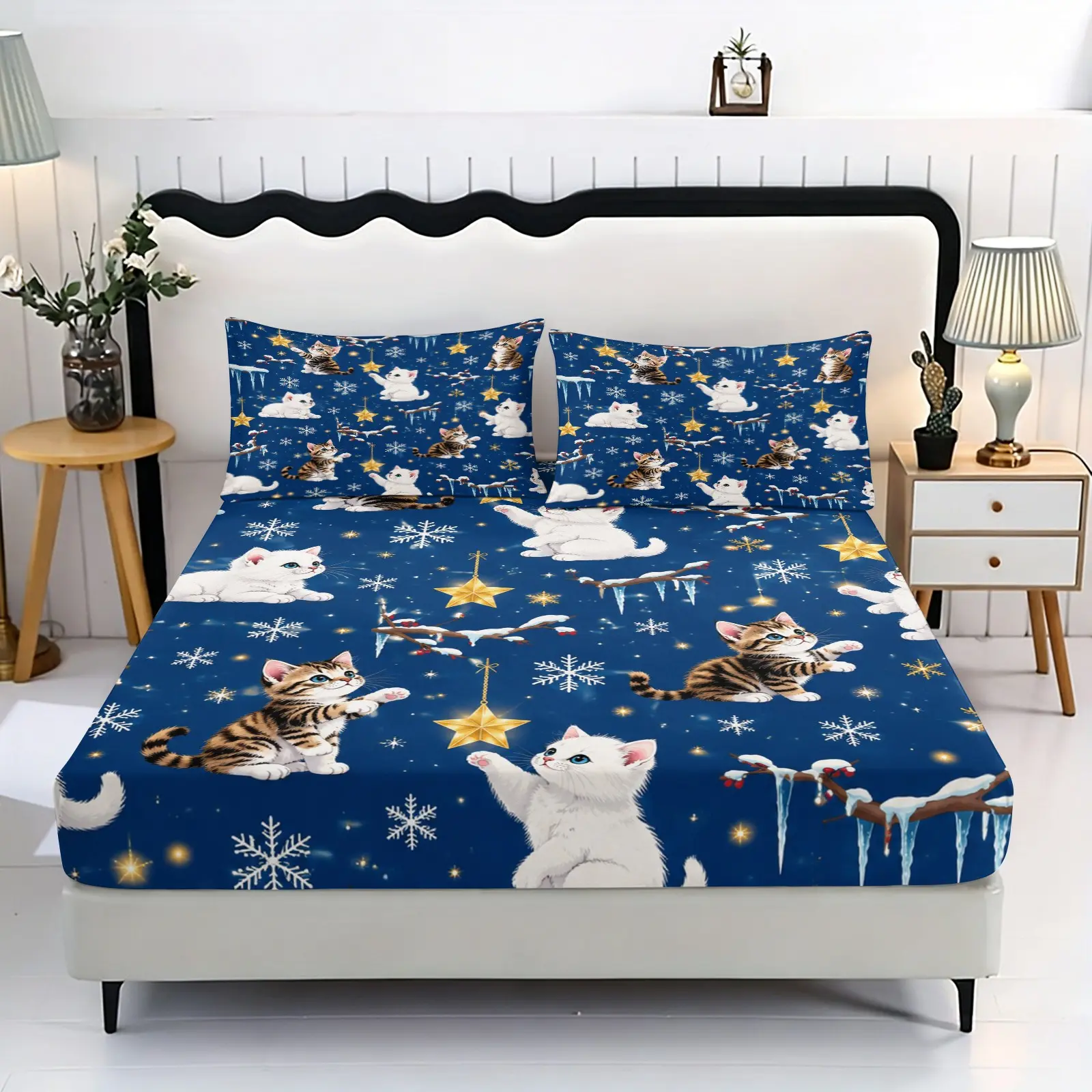 3pc Winter Cute Cat Snowflake Print Cozy Bedding Set, including 1 sheet and 2 pillowcases (without filling material), as a gift for friends, suitable for single beds, double beds, suitable for bedrooms, dormitories, guest rooms and hotel apartments