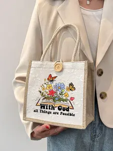 Canvas Handbag with 'god' Text, Floral Butterfly Pattern, Lightweight Foldable, Portable, Multi-Functional, Gift Bag for Women