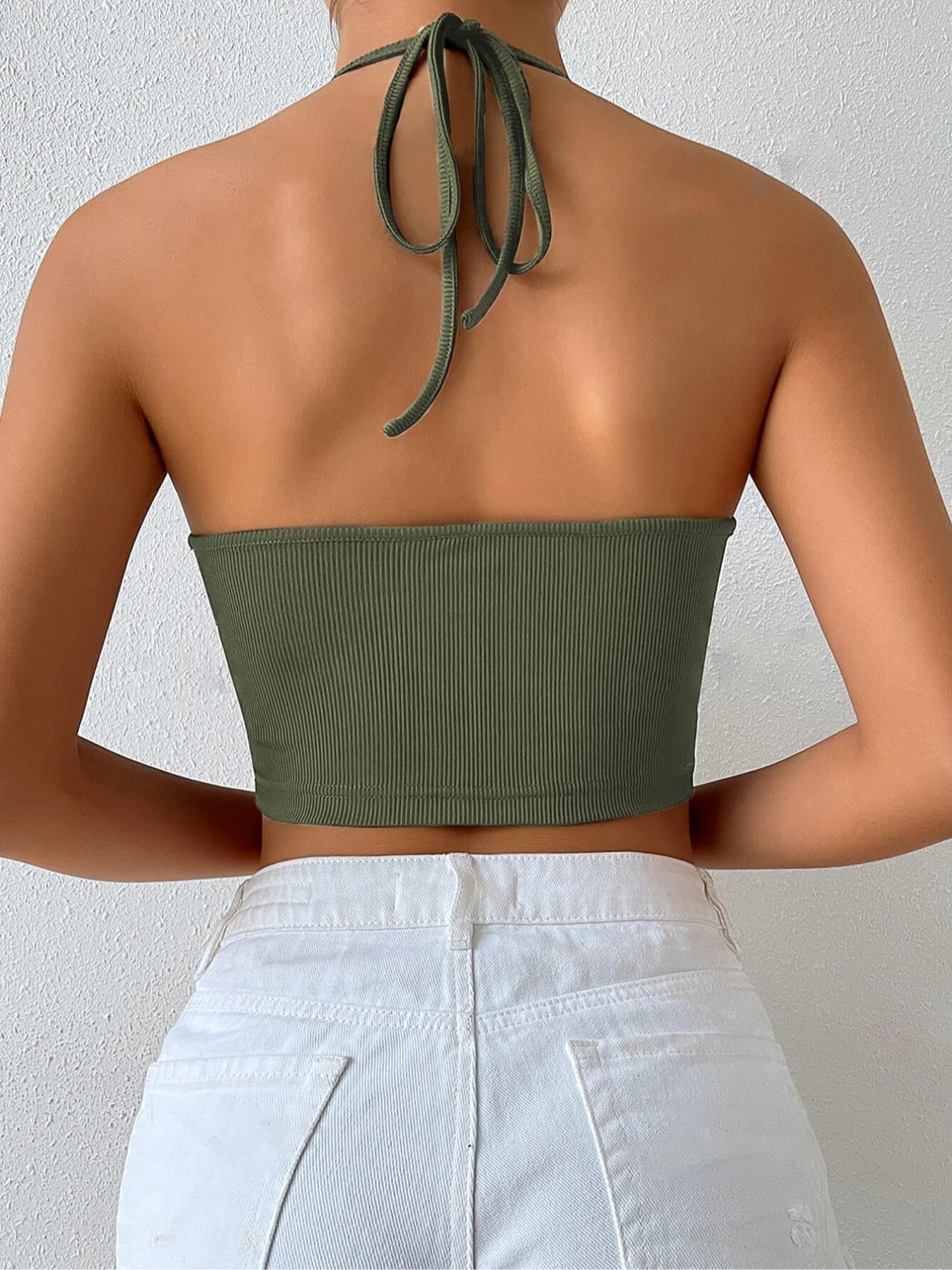 Women's Solid Ruched Tie Front Halter Neck Crop Top, Minimalist Casual Drawstring Backless Top for Summer, Ladies Clothes for Daily Wear, Halterneck Sleeveless Womenswear, Cropped Cami Top