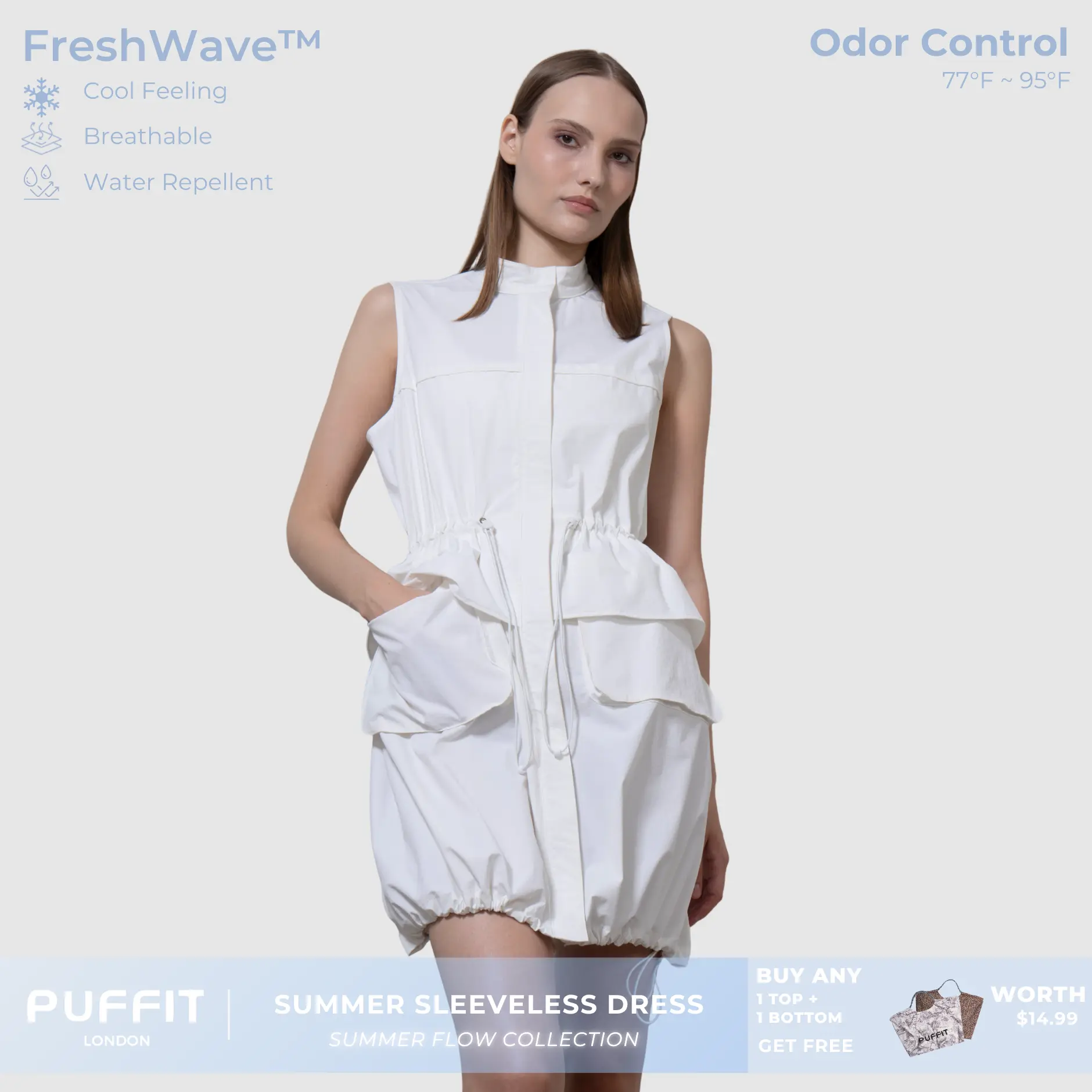 PUFFIT Summer Flow Sleeveless Zipped Long Bubble Dress With Drawstring Waist, Adjustable Hem, Cool Feeling,Breathable,Water Repellent, Odor Control,Womens Wear, Ourdoor,Sport, Dog Walking, Outwear,Comfortable,Summer