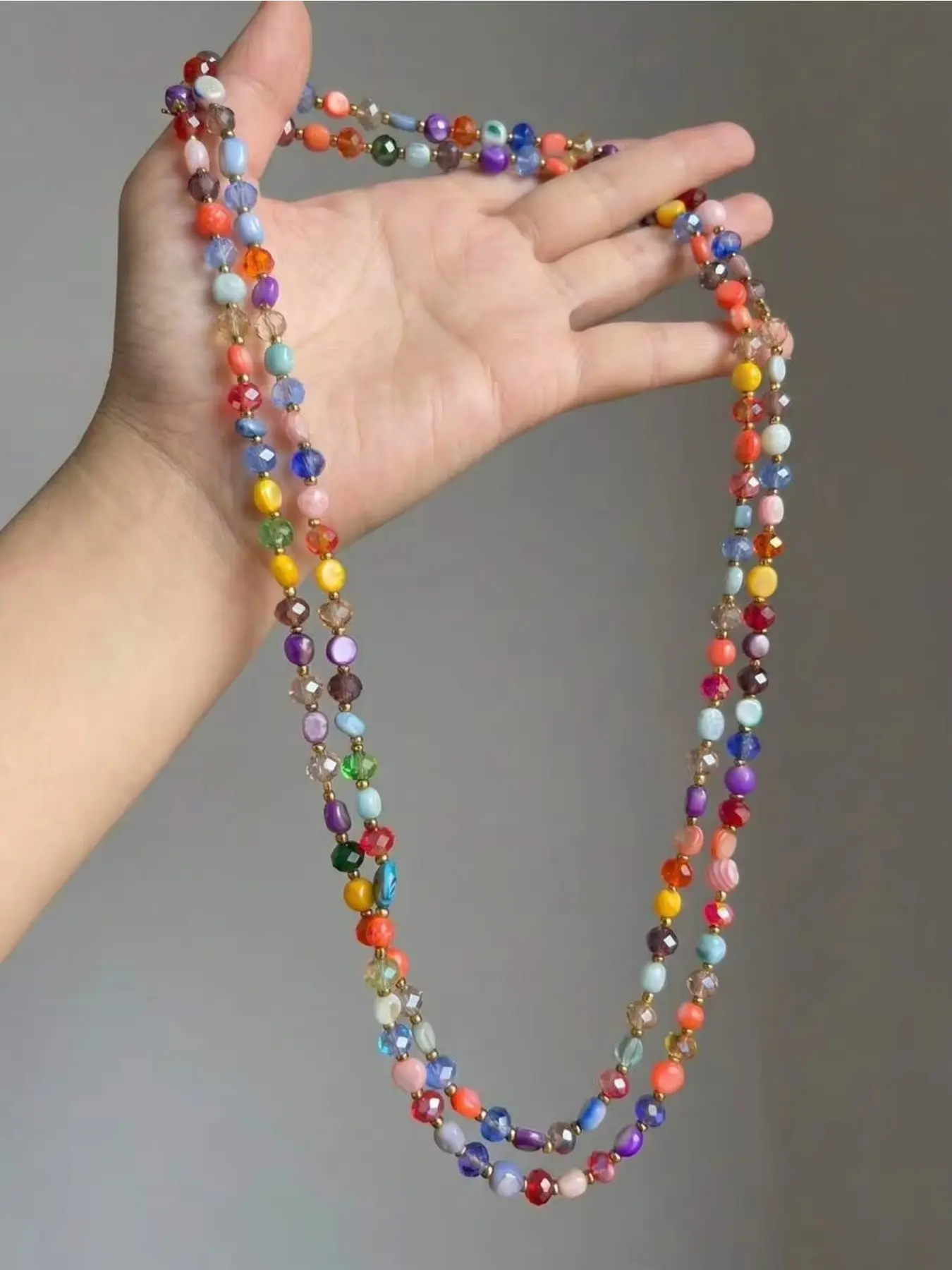 Bohemian Ethnic Style Colorful Artificial Crystal Handmade Beaded Long Necklace, Layerable Pendant Necklaces for Women, Unique Party Jewelry, Stackable Necklace