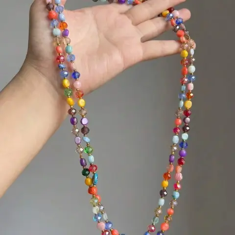 Bohemian Ethnic Style Colorful Artificial Crystal Handmade Beaded Long Necklace, Layerable Pendant Necklaces for Women, Unique Party Jewelry, Stackable Necklace, Boho Necklace