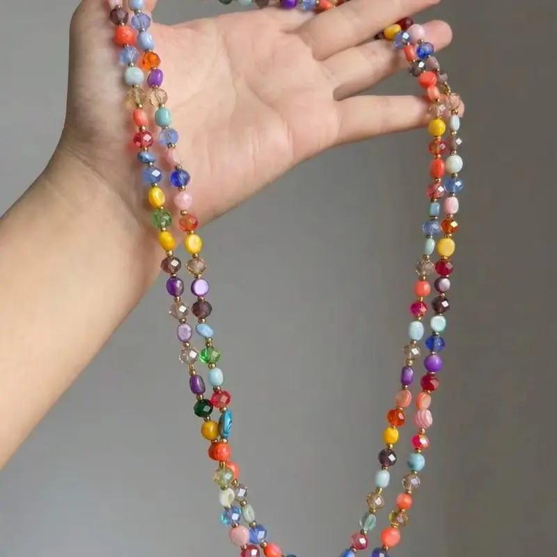 Bohemian Ethnic Style Colorful Artificial Crystal Handmade Beaded Long Necklace, Layerable Pendant Necklaces for Women, Unique Party Jewelry, Stackable Necklace, Boho Necklace
