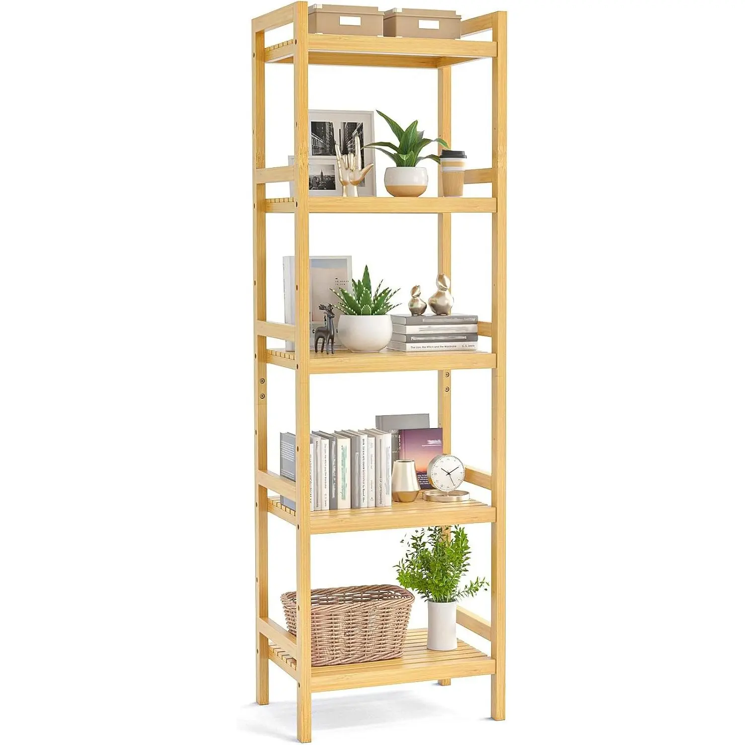 Bookshelf, 5-Tier Narrow 55.9” Adjustable Book Shelf Bookcase Bathroom Shelves Freestanding Storage Stand for Living Room, Bedroom, Kitchen, Rust Resistance, Easy Assembly,
