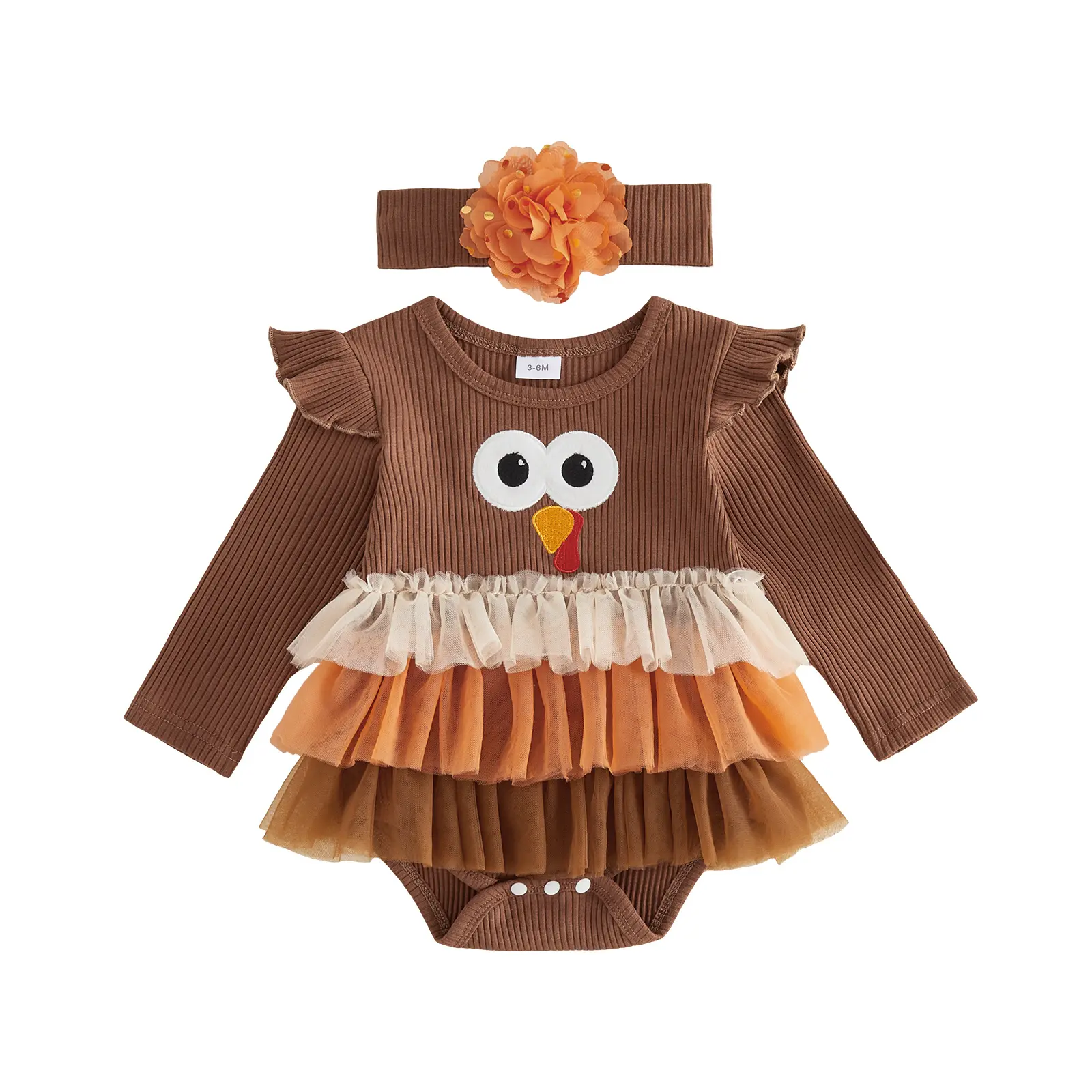 Meihuida Infant Baby Girls Thanksgiving Outfits Long Sleeve Turkey Tutu Romper with Headband Fall Winter Clothes 0-18 Months