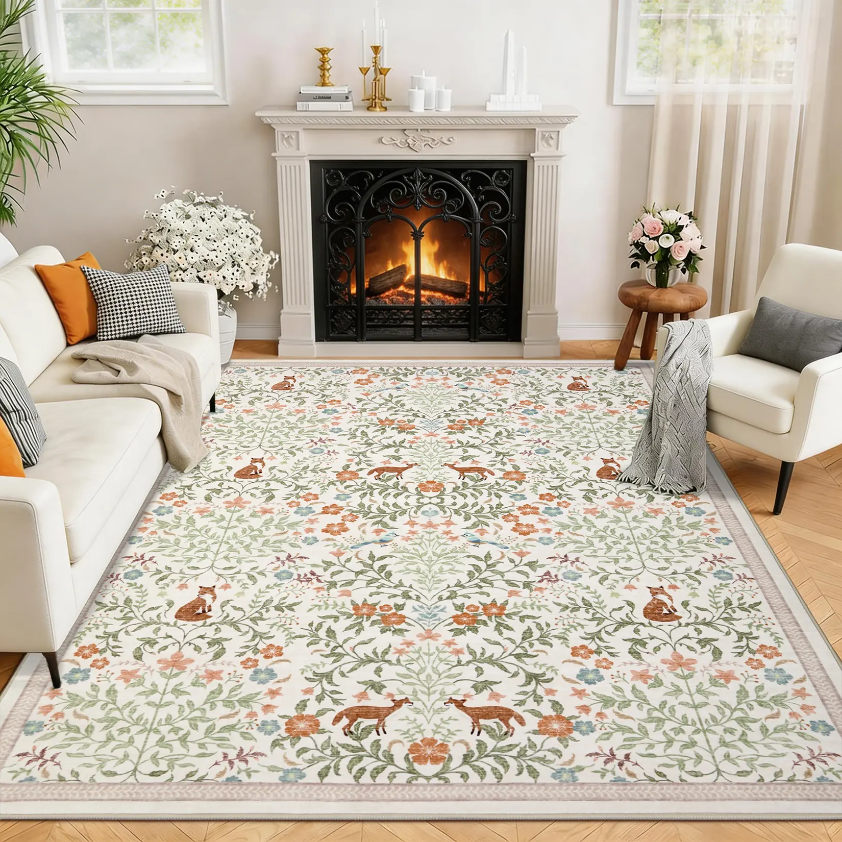Fox Print Rug Vintage Floral Rug Ultra Thin Foldable Soft Non Slip Washable Indoor Decorative Rug For Bedroom Living Room Dining Room Study Playroom  room escape rug