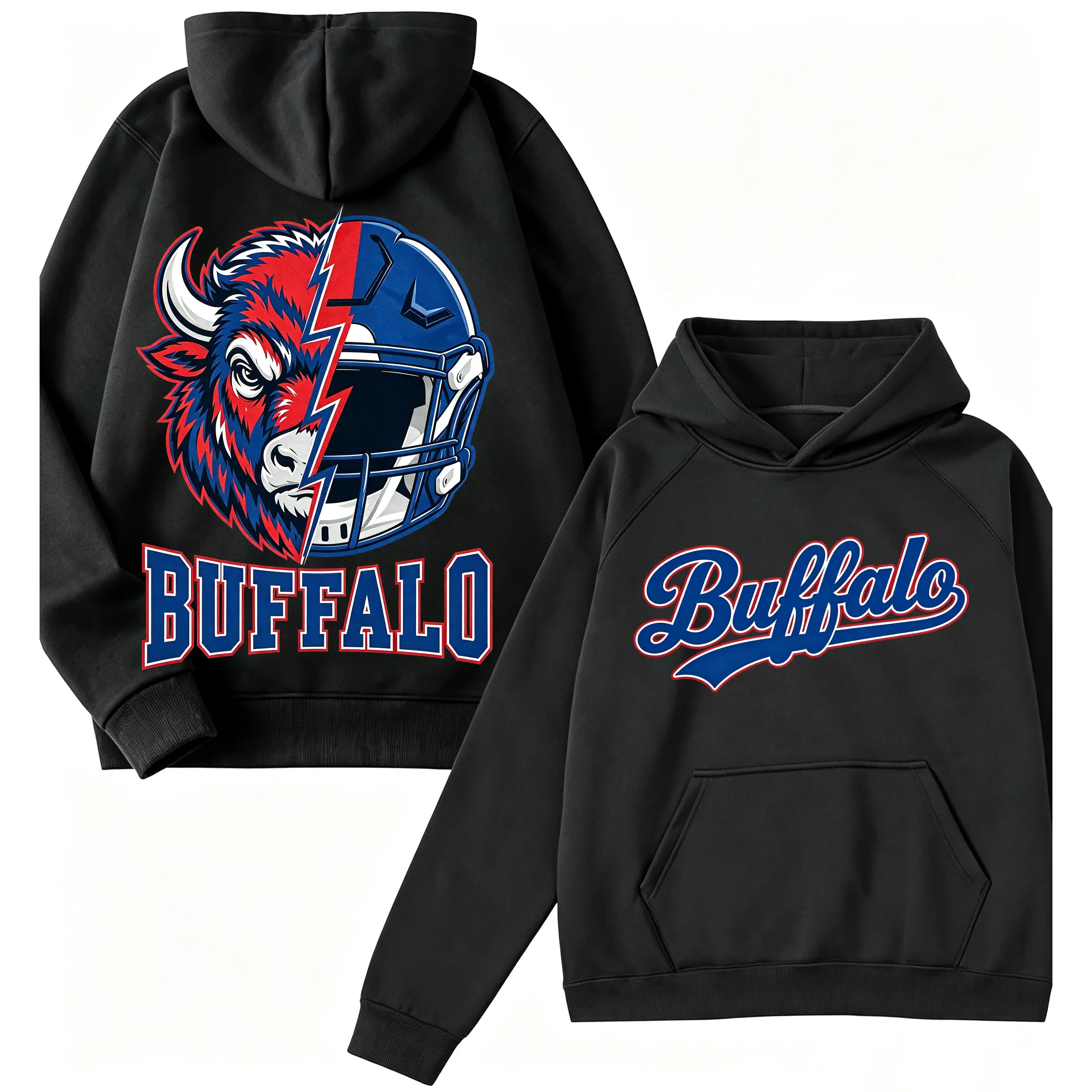 ✨ ? Retro City Football Mascot Graphic Hoodie With Front Pocket, Unisex Buffalo Football Vintage Hoodie, Sports Fan Long Sleeve Top
