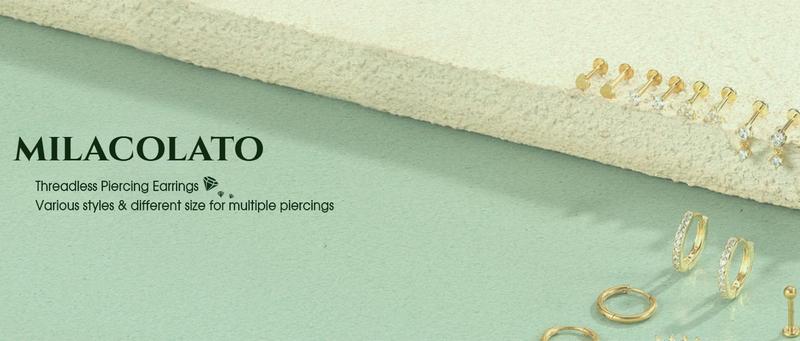 MILACOLATO Threadless Flat Back Earrings Hypoallergenic - 9 Pairs 316L Surgical Steel Push in CZ Studs & Hoops Set for Women Men 14K Plated Gold Cartilage Tragus Helix Nose Piercing Jewelry 16G 18G