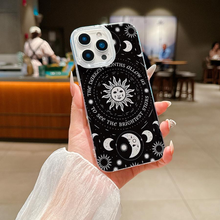 Space-themed large hole transparent sun and moon creative pattern phone case suitable for iPhone 17 16 15 14 13 12 11 Promax iPhone XS XR XSMAX. Creative and fashionable design, suitable for both men and women, a gift for friends, family, boyfriend, or gi