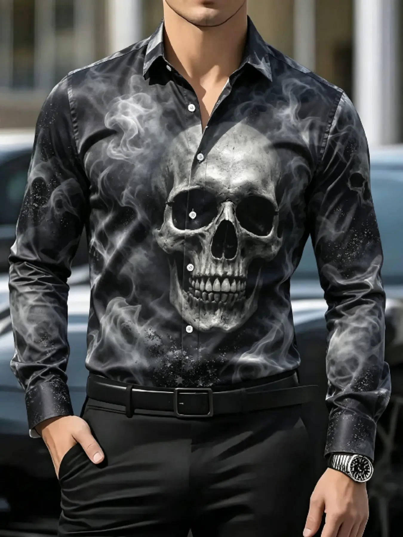 Men's Lapel Long Sleeve Button Down Shirt Black Smoke Skull All Over Print Sublimation Fabric Slim Fit Casual Shirt Gothic Halloween Streetwear Button Up Shirt For Men Tops