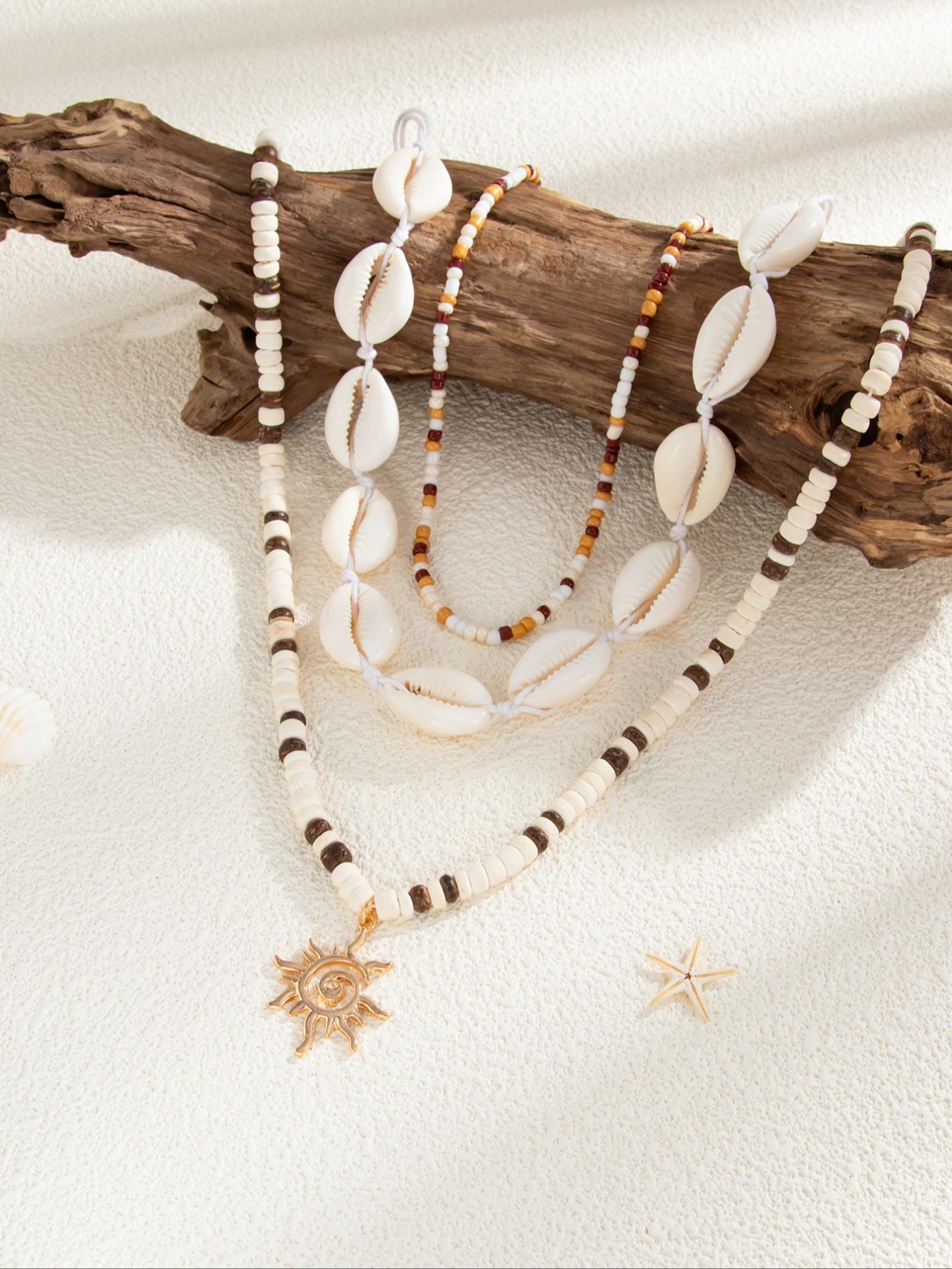 Men's Vintage Bohemian Shell Beaded Necklace Set, Creative Fashion Metal Spiral Sun Pendant Multi-Layer Chain Jewelry for Daily Wear & Beach Vacation