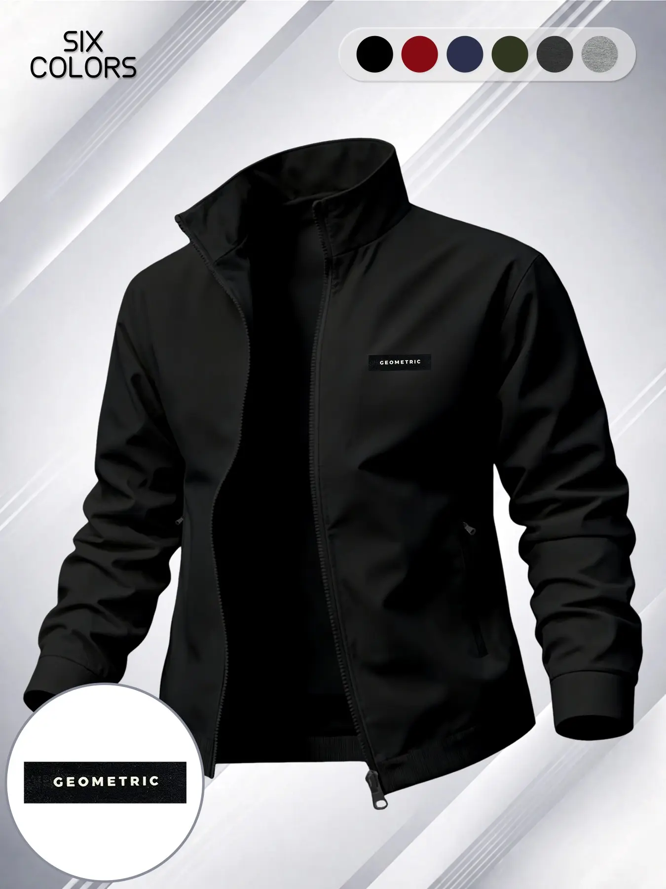 Luxury Leather Label Men's Lapel Jacket, Plain Lightweight Zipper Pocket Coat, Business Casual Spring Fall Outerwear for Young Adults