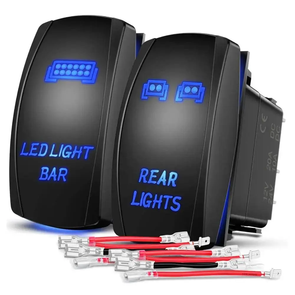 Nilight 2Pcs 5-Pin ABS Laser On/Off LED Light Bar Rocker Switch, Blue - 1.43in x 0.84in Horizontal 12V 20A Electrical Switch with 2 x Jumper Wires Set, for SUV, ATV, Yacht - Father's Day Gift, On/Off Control