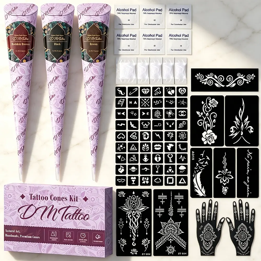 Ins Viral Purple Tube Henna Tattoo Gift Box, Draw Mandala Feather Floral Pattern On Hand Foot Arm Leg, Natural Herbal Mild Non-irritating Formula, Massive Hollow Stencils Included Zero Skill DIY Long Last Temporary Body Ink Henna Cones