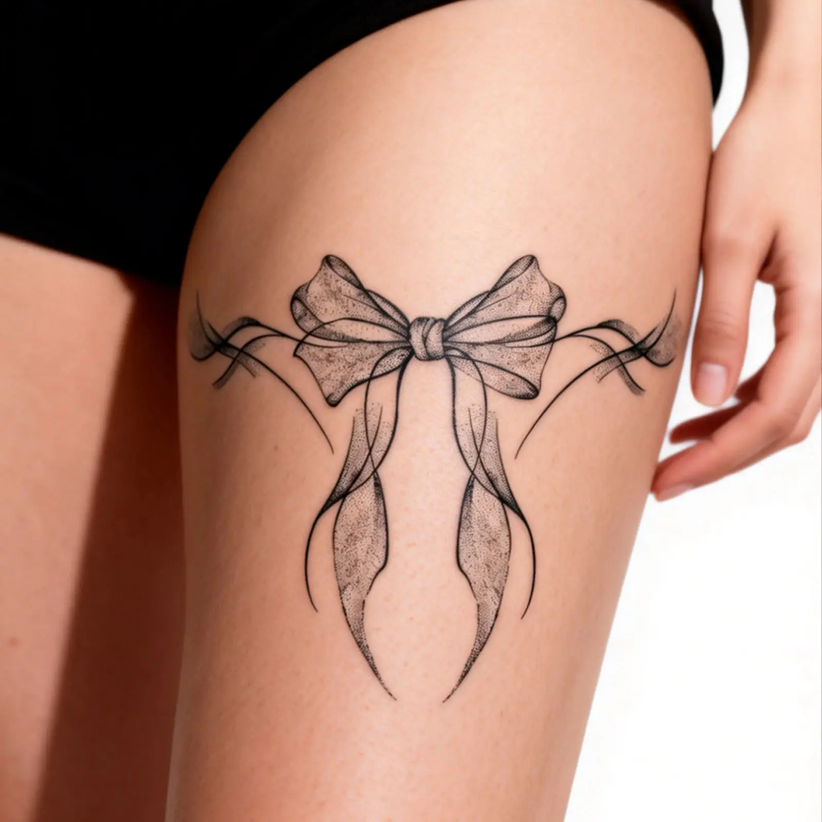 4PC Body Tattoo Sticker, Trending Dark Gothic Bowknot Dot Line Tattoo Decal, Cool Dark Style Large Thigh Temporary Sticker, Waterproof Disposable Skin Decor for Leg Body Party Wear, Temporary Tattoos, Large Size