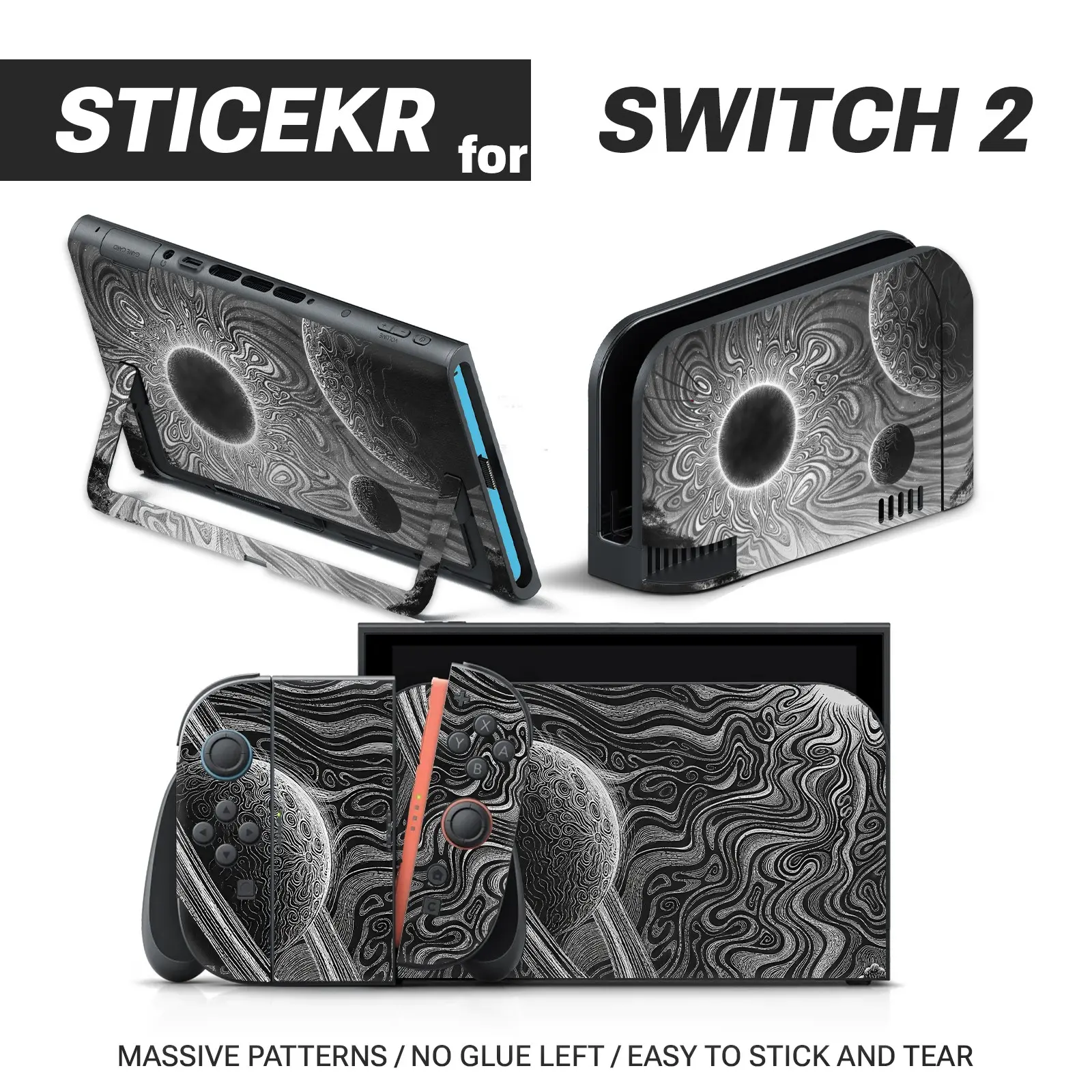 Fluid Line Black White Space Planet Skin Cover for Nintendo Switch 2, Full Set Decals for Console, Joy-Con & Charging Dock, Waterproof Scratch Resistant Removable No Glue Residue