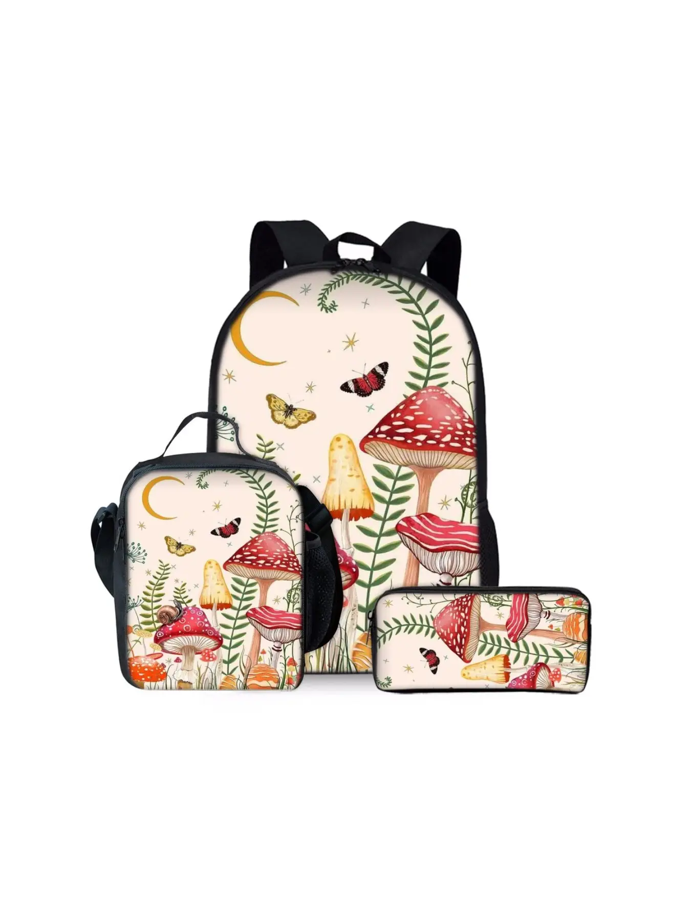 3-piece Set of Backpacks with 2D Flat Mushroom Prints,Large-Capacity Lightweight Bag Kit,Suitable for Outdoor Trips and Daily School Use.The set includes a backpack,a lunch bag and a pencil case, making it an ideal gift for kids and friends on festivals