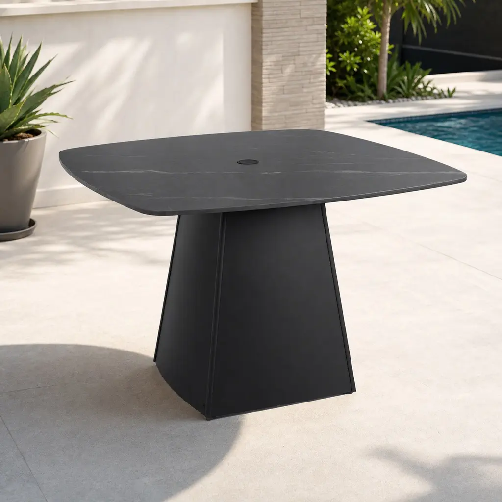 ARCH Modern 44" Rounded Square Pedestal Outdoor Dining Table for 4 - Lightweight Aluminum Frame, Black Veined Sintered Stone Top, Flared Pyramid Base, Weather-Resistant Rust-Free Deck Poolside Patio Balcony Furniture (Ember Black Option), Four