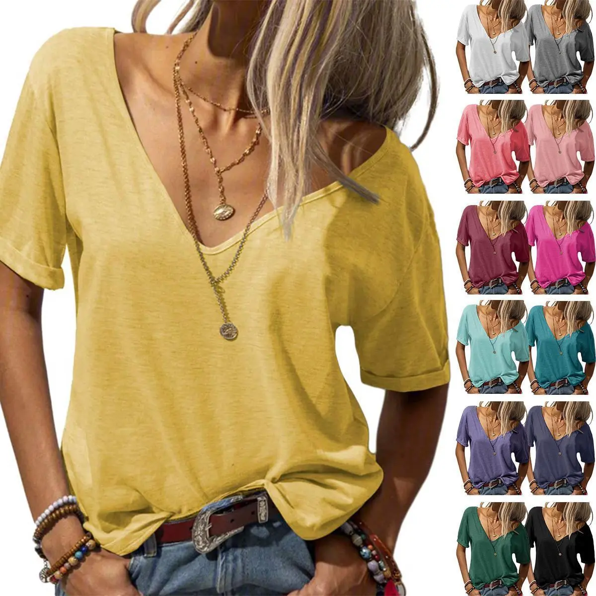 Imily Bela Women's Deep V Neck Shirt Loose Fit Casual Top Lightweight Minimalist Comfort Skinny Womenswear Streetwear Fitted Summervibes