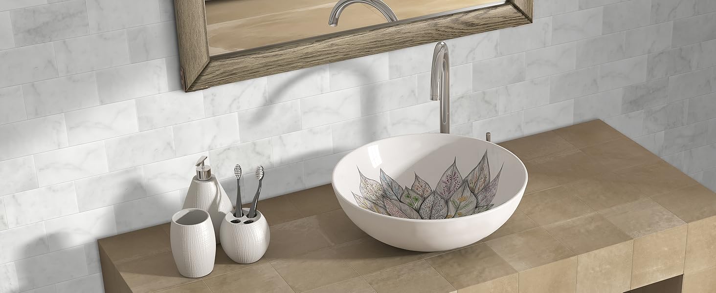 40-Sheet Subway Peel and Stick Natural Stone Self Tiles, 6" x 3" Stick on Backsplash for Fireplace, Carrara White