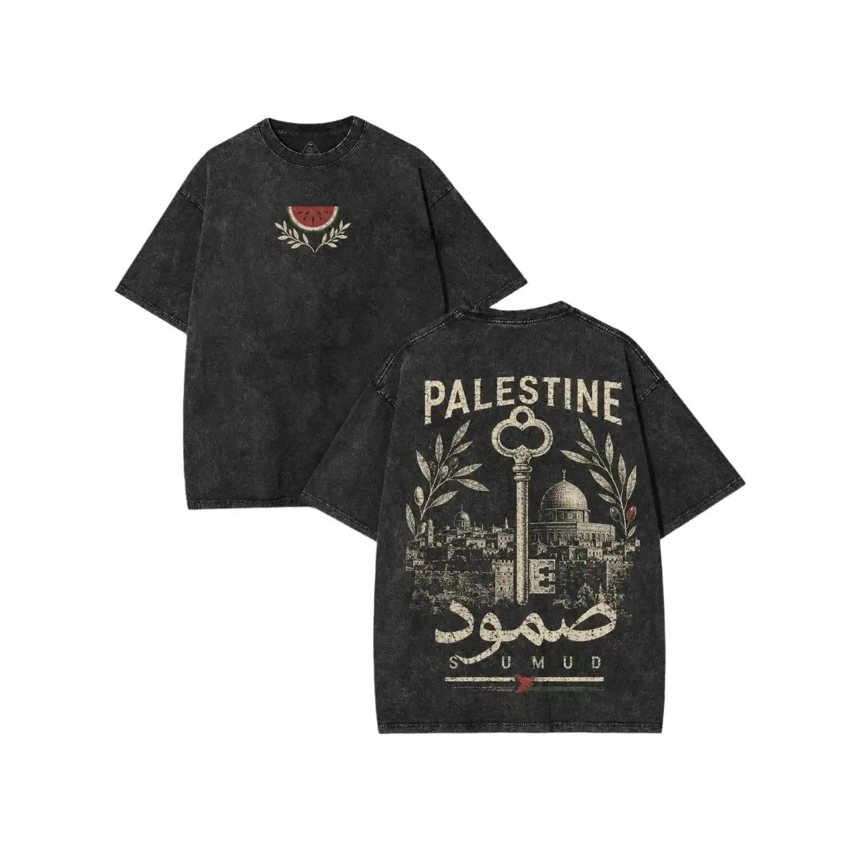 Men's Vintage Washed Oversized Tee, Graphic Shortsleeve Top in Distressed Cotton with Palestine Arabic Calligraphy Streetwear Look, Casual, Menswear, Clothes
