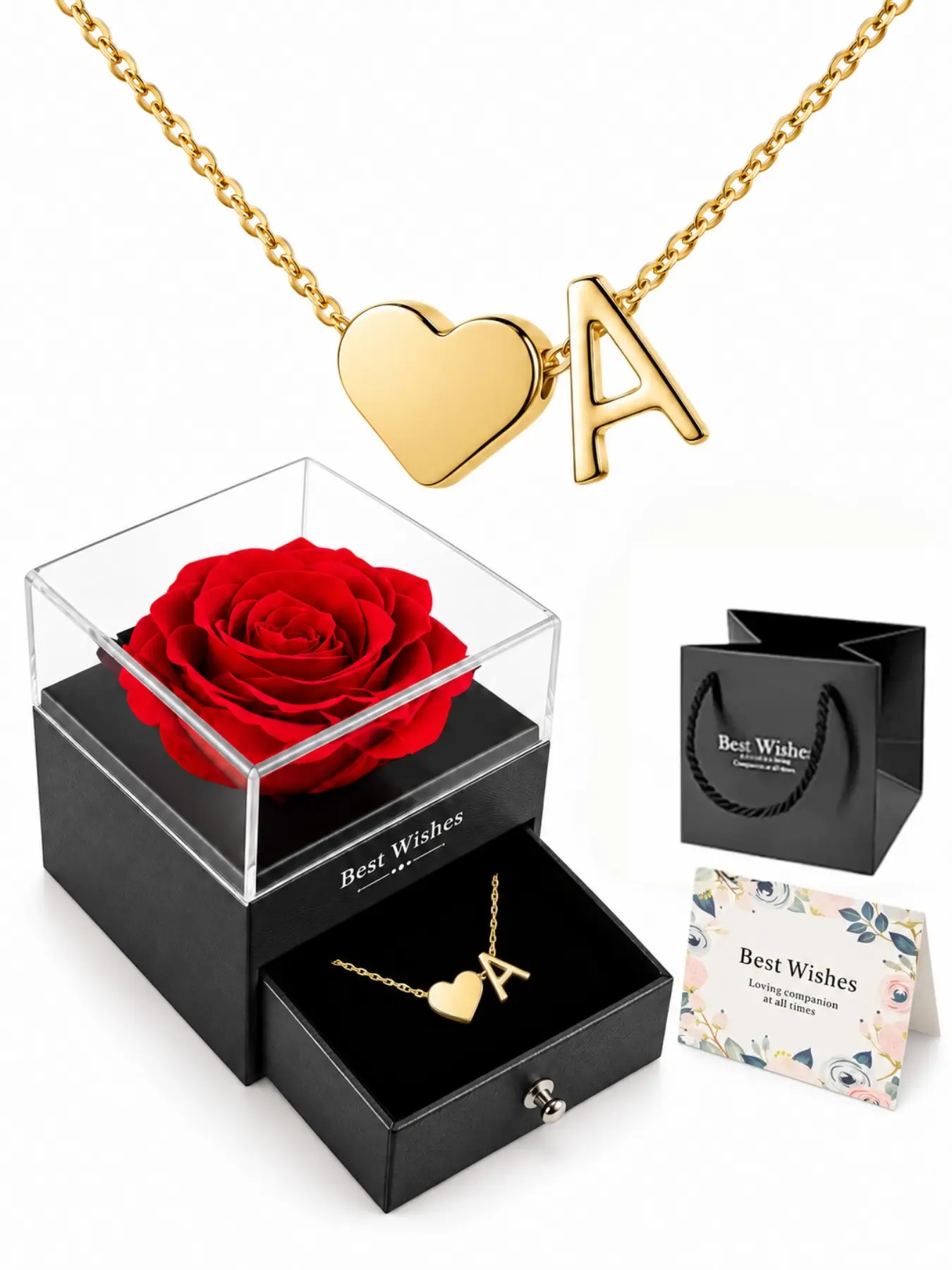 A-Z Initial Necklace for Women,  Tone Heart Letter Pendant Necklace with Red Rose Gift Box, Alphabet Jewelry Gift Set for Girlfriend Mom Daughter, Birthday Christmas Gifts for Her