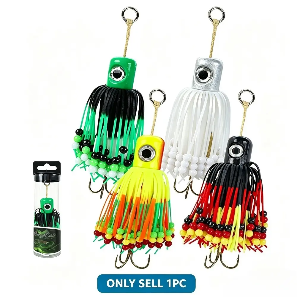 Squid Jig Lures for Saltwater Fishing, Ultra Long Casting Squid Lures with Realistic Swimming Action, Colorful Self-Adhesive Skirt, Attracts Squid & Fish, Boat Surf Night Fishing