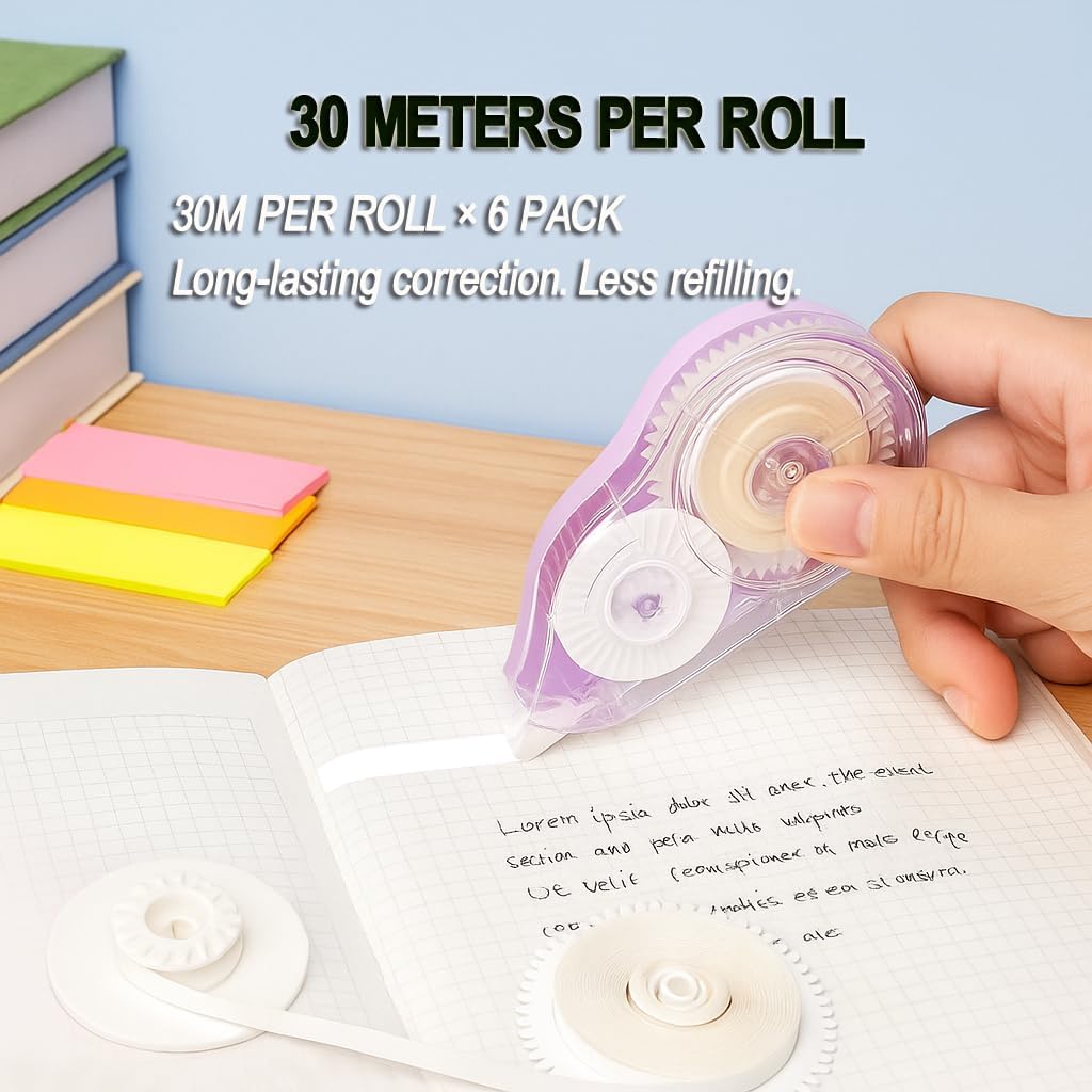 6 Pack Extra-Long Correction Tape - 98ft (30m) Each, Total 590 ft - High Capacity White Out Tapes, Smooth & Precise, -Resistant, No Mess, Easy-to-Use Dispensers for Office, School &  Supplies