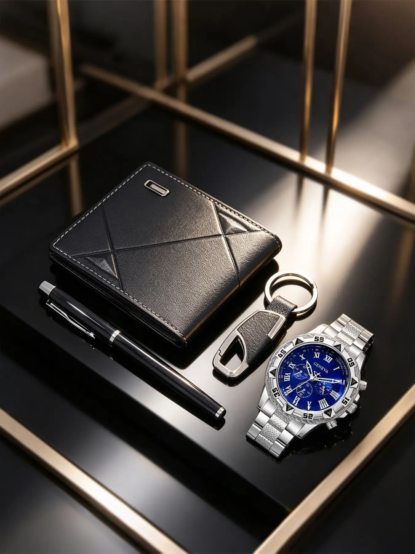 Luxury Men's Watch Wallet Pen Keychain Set, Stainless Steel Band Blue Dial Sports Watch, Perfect Gift for Holidays, Elegant Present Choice