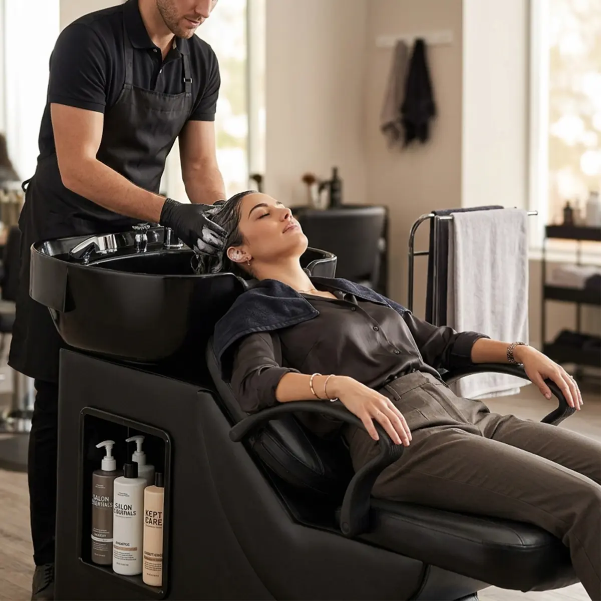 Shampoo Bowl and Chair Set for Salon,  Backwash Barber Chair, Hair Washing Station with ABS Sink & PU Leather Chair, Ergonomic Chair with Neck Rest, Side Storage, Hot/Cold Faucet & Sprayer for Spa Barbershop Beauty, Black