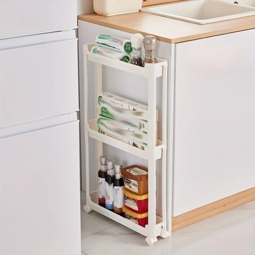1pcs2026 New Three-layer Wheeled Storage Cart for Kitchen Storage, Suitable for Narrow Gaps Behind The Door, Open Grid Layer Board for Ventilation and Moisture Resistance, Stable Load-bearing, Making Home Cleaning Orderly.